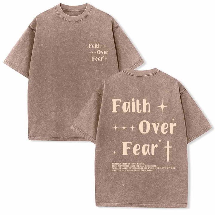 Christianartworkshop Faith Over Fear Star Cross Accent Front Mini Print Back Large Text Dual-Sided Washed T-Shirt - Brown - 5XL - image 3