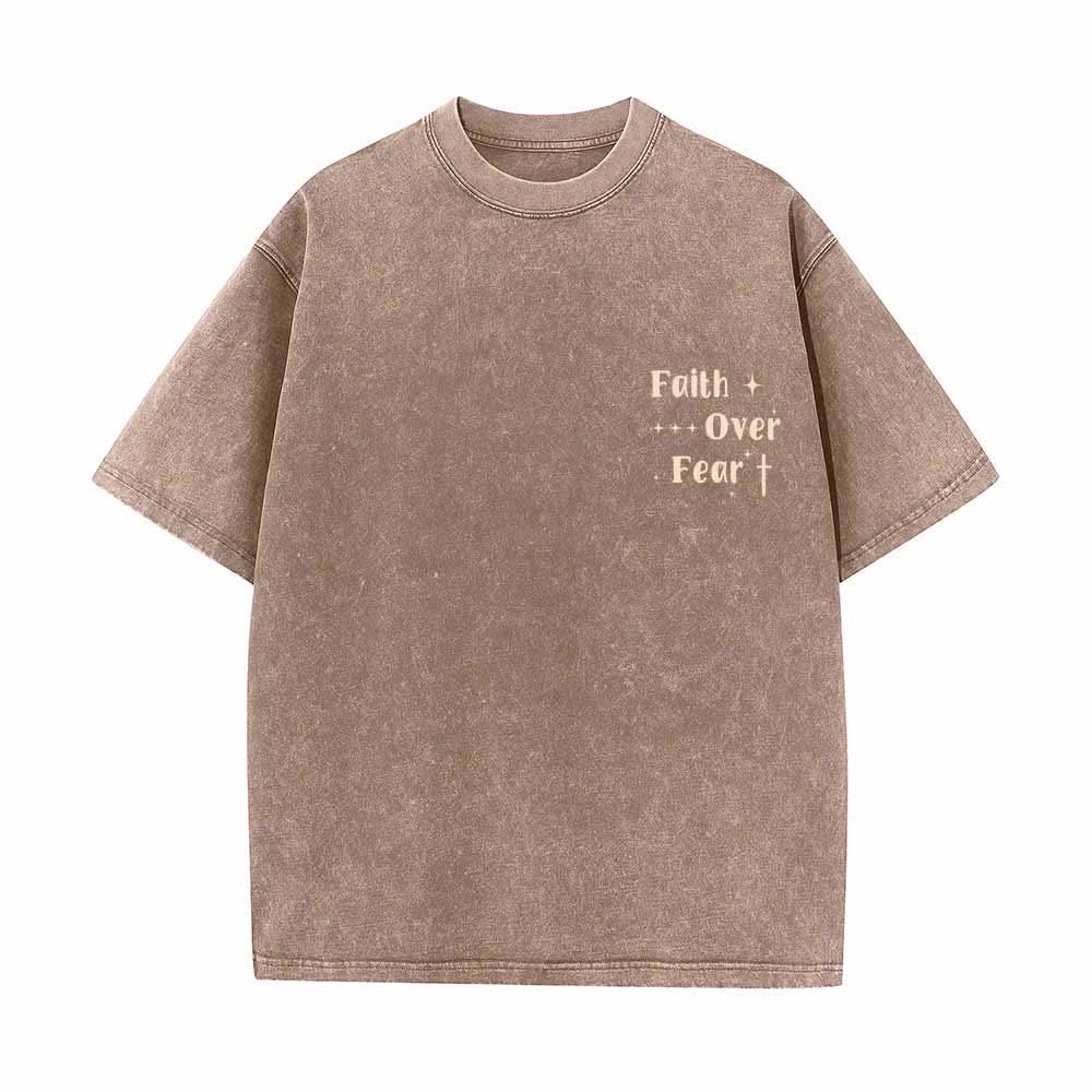 Christianartworkshop Faith Over Fear Star Cross Accent Front Mini Print Back Large Text Dual-Sided Washed T-Shirt - image 5