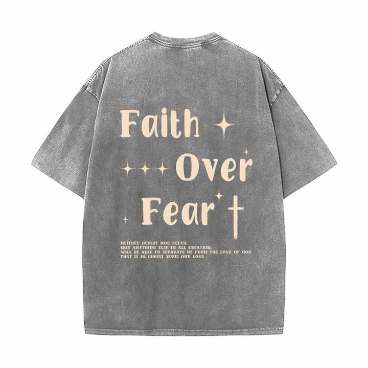 Christianartworkshop Faith Over Fear Star Cross Accent Front Mini Print Back Large Text Dual-Sided Washed T-Shirt - image 7