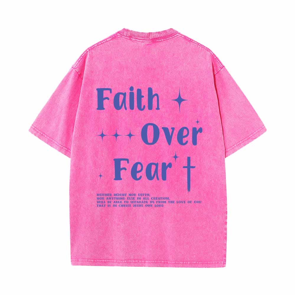 Christianartworkshop Faith Over Fear Star Cross Accent Front Mini Print Back Large Text Dual-Sided Washed T-Shirt - image 22