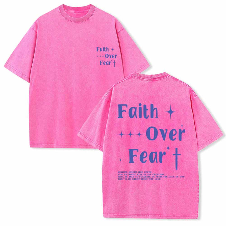 Christianartworkshop Faith Over Fear Star Cross Accent Front Mini Print Back Large Text Dual-Sided Washed T-Shirt - Pink - 5XL - image 21