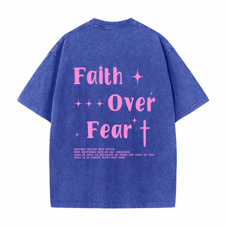 Christianartworkshop Faith Over Fear Star Cross Accent Front Mini Print Back Large Text Dual-Sided Washed T-Shirt - image 1