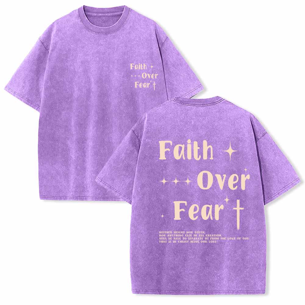 Christianartworkshop Faith Over Fear Star Cross Accent Front Mini Print Back Large Text Dual-Sided Washed T-Shirt - Purple - 5XL - image 18