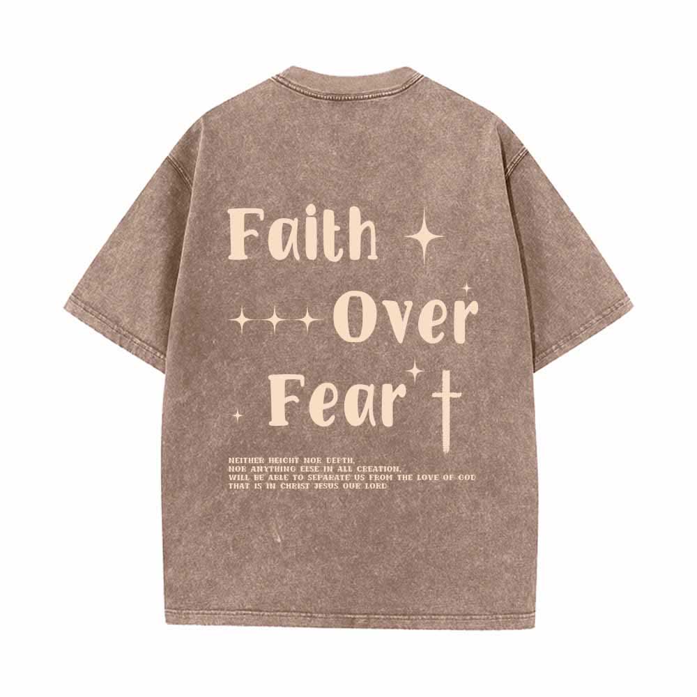 Christianartworkshop Faith Over Fear Star Cross Accent Front Mini Print Back Large Text Dual-Sided Washed T-Shirt - image 4
