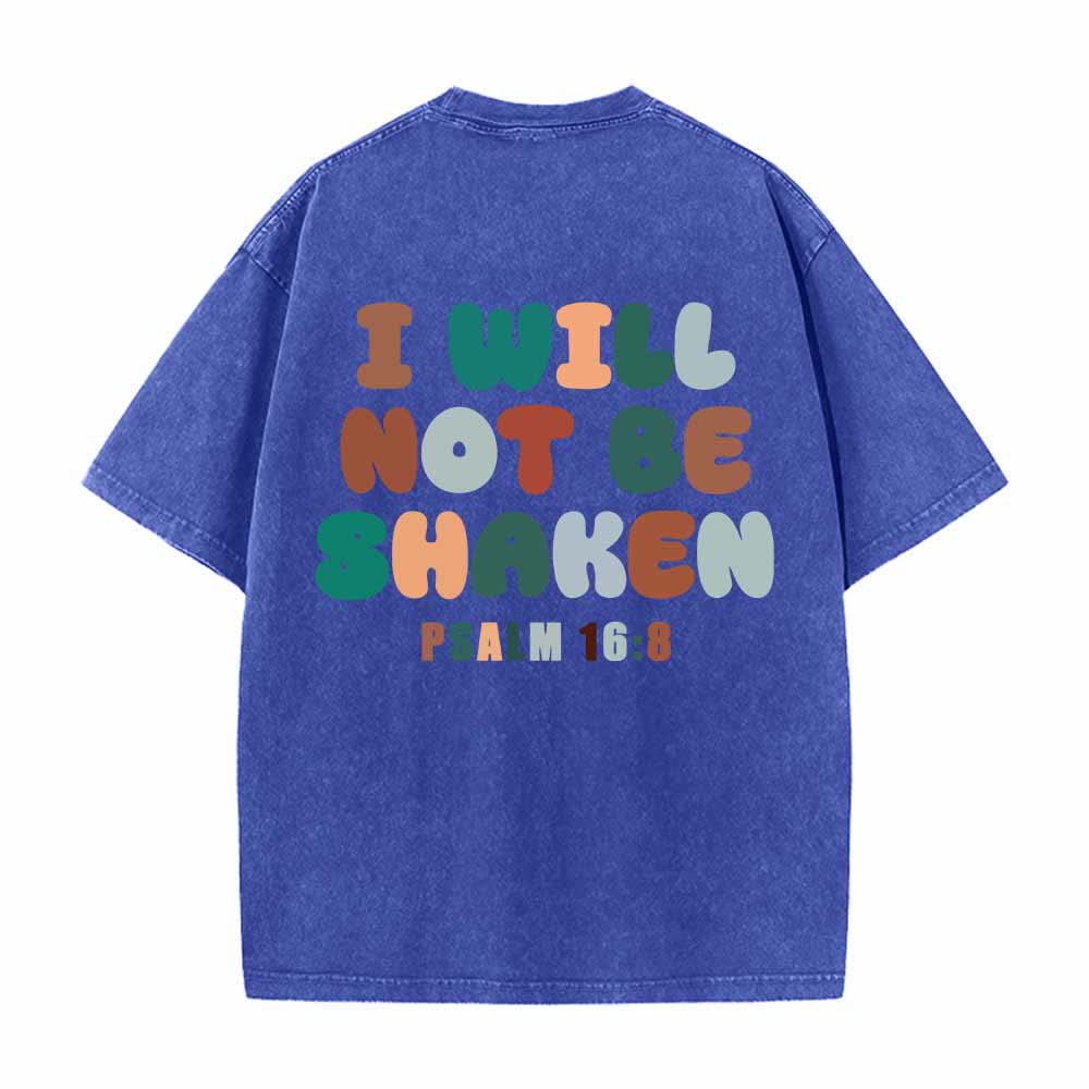 Christianartworkshop I Will Not Be Shaken Slant Shoulder Script Front Multicolor Bubble Letter Back Psalm 16:8 Dual-Sided Washed T-Shirt - image 4
