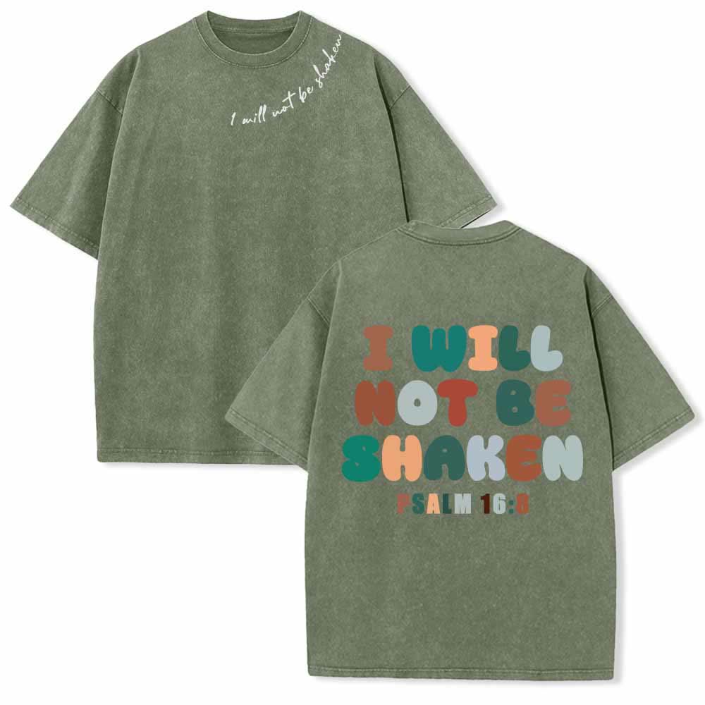 Christianartworkshop I Will Not Be Shaken Slant Shoulder Script Front Multicolor Bubble Letter Back Psalm 16:8 Dual-Sided Washed T-Shirt - Army Green - 5XL - image 0