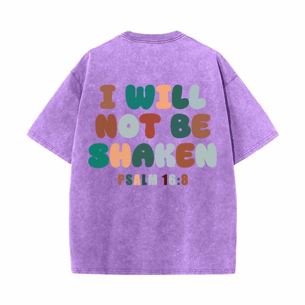 Christianartworkshop I Will Not Be Shaken Slant Shoulder Script Front Multicolor Bubble Letter Back Psalm 16:8 Dual-Sided Washed T-Shirt - image 22