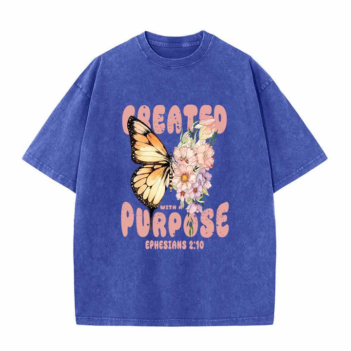 Christianartworkshop Created With A Purpose Monarch Butterfly Pastel Wildflower Ephesians 2:10 Front Print Washed T-Shirt - Blue - 5XL - image 2
