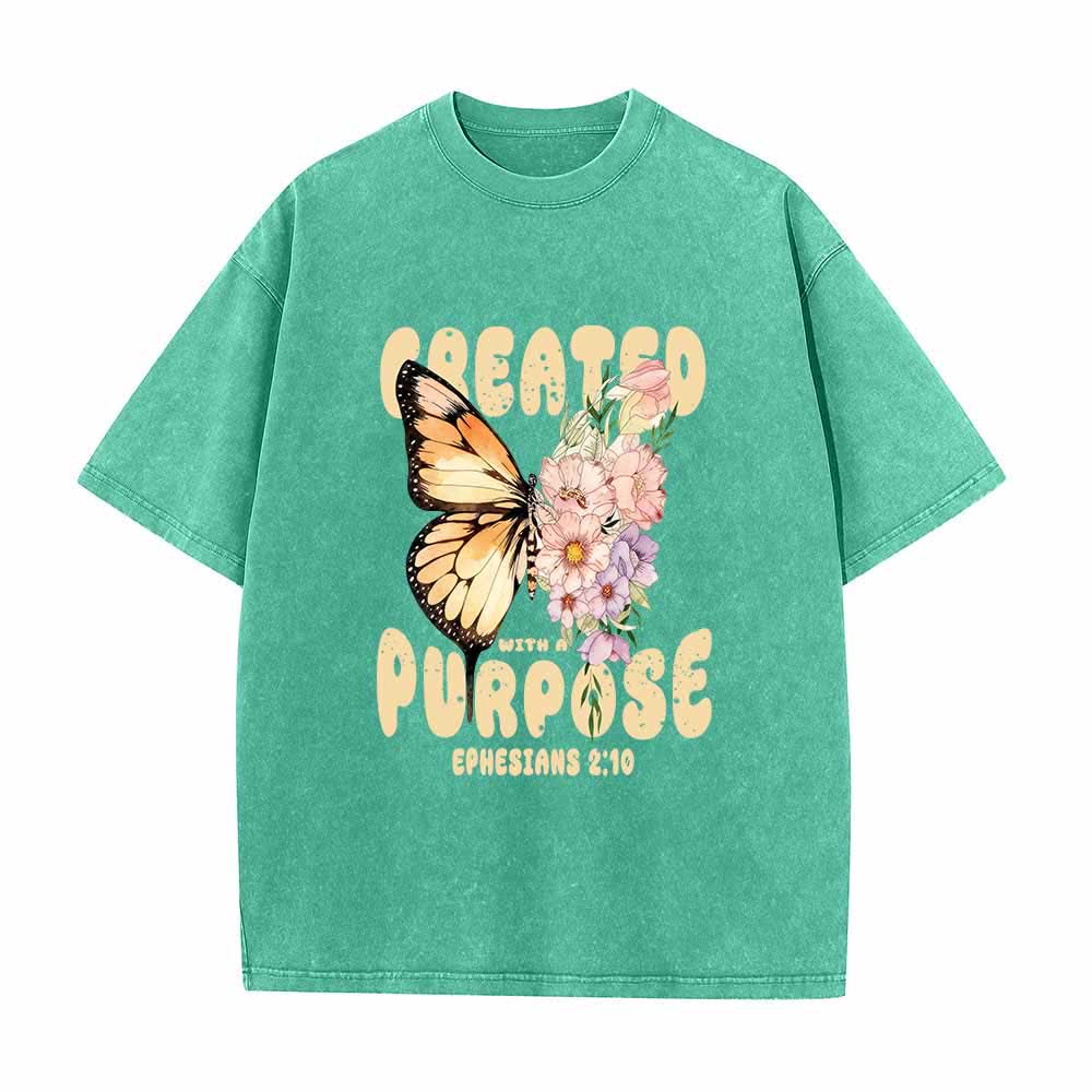Christianartworkshop Created With A Purpose Monarch Butterfly Pastel Wildflower Ephesians 2:10 Front Print Washed T-Shirt - Green - 5XL - image 5