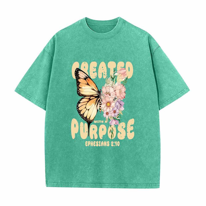 Christianartworkshop Created With A Purpose Monarch Butterfly Pastel Wildflower Ephesians 2:10 Front Print Washed T-Shirt - Green - 5XL - image 5