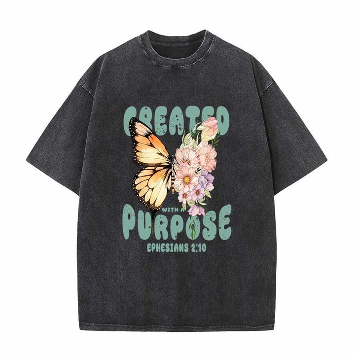 Christianartworkshop Created With A Purpose Monarch Butterfly Pastel Wildflower Ephesians 2:10 Front Print Washed T-Shirt - Black - 5XL - image 6