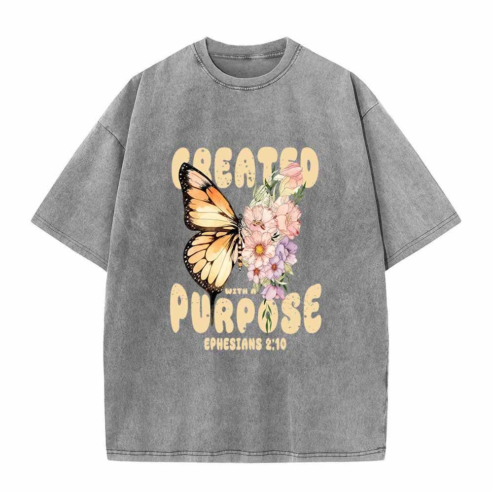 Christianartworkshop Created With A Purpose Monarch Butterfly Pastel Wildflower Ephesians 2:10 Front Print Washed T-Shirt - Grey - 5XL - image 4