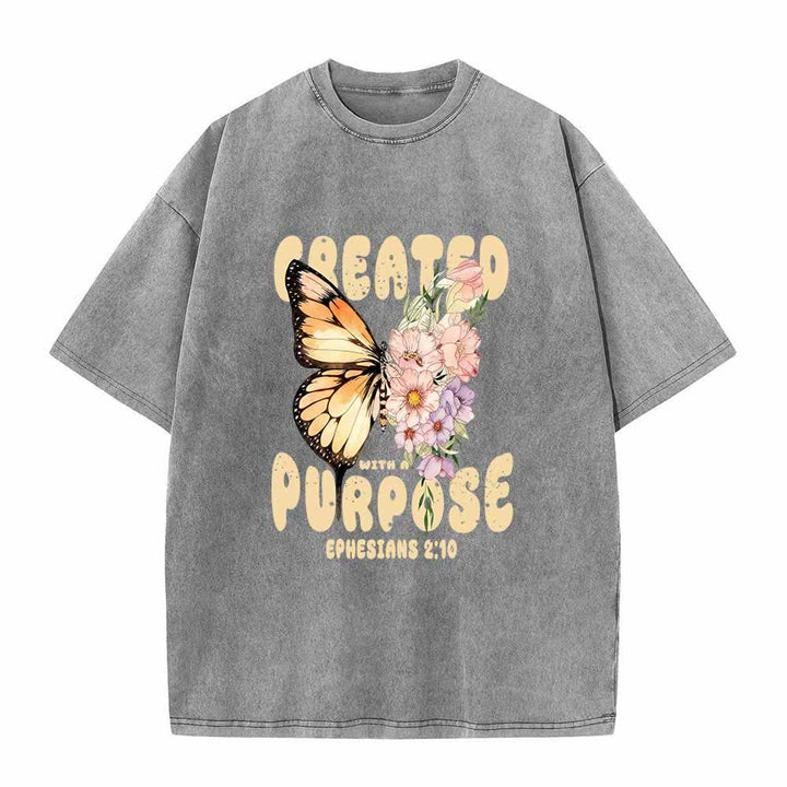 Christianartworkshop Created With A Purpose Monarch Butterfly Pastel Wildflower Ephesians 2:10 Front Print Washed T-Shirt - Grey - 5XL - image 4