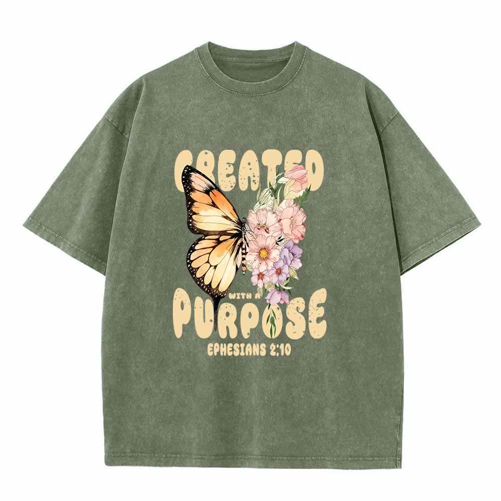Christianartworkshop Created With A Purpose Monarch Butterfly Pastel Wildflower Ephesians 2:10 Front Print Washed T-Shirt - Army Green - 5XL - image 1