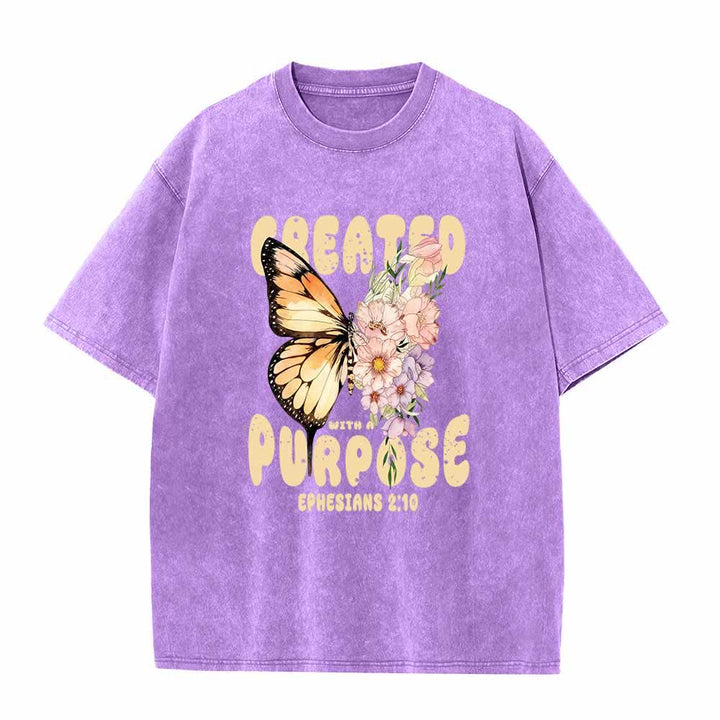 Christianartworkshop Created With A Purpose Monarch Butterfly Pastel Wildflower Ephesians 2:10 Front Print Washed T-Shirt - Purple - 5XL - image 8