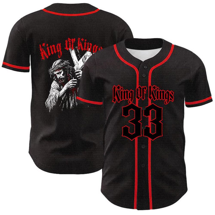 Christianartworkshop King Of Kings Number 33 Jesus Carrying Cross Unisex Baseball Jersey - Red - 5XL - image 6