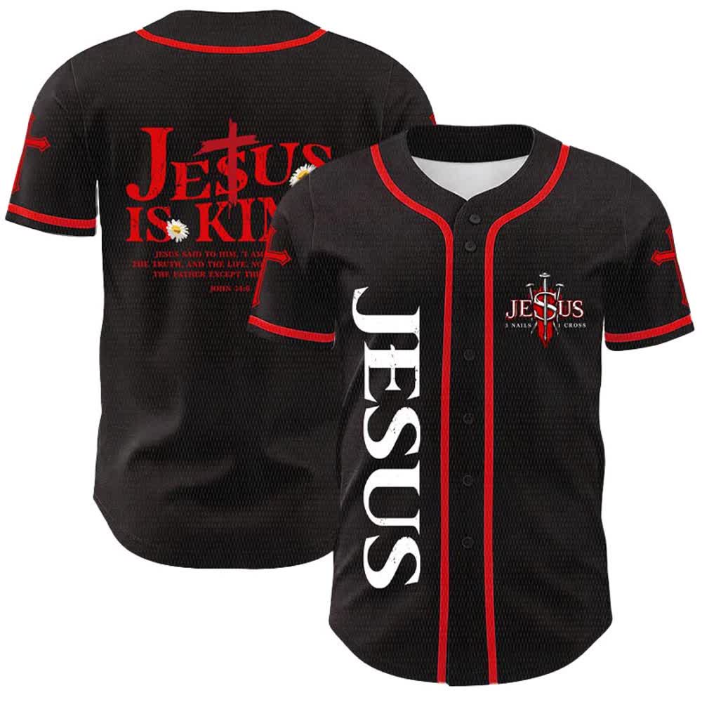 Christianartworkshop Jesus Is King John 14:6 3 Nails 1 Cross Unisex Baseball Jersey - Red - 5XL - image 0