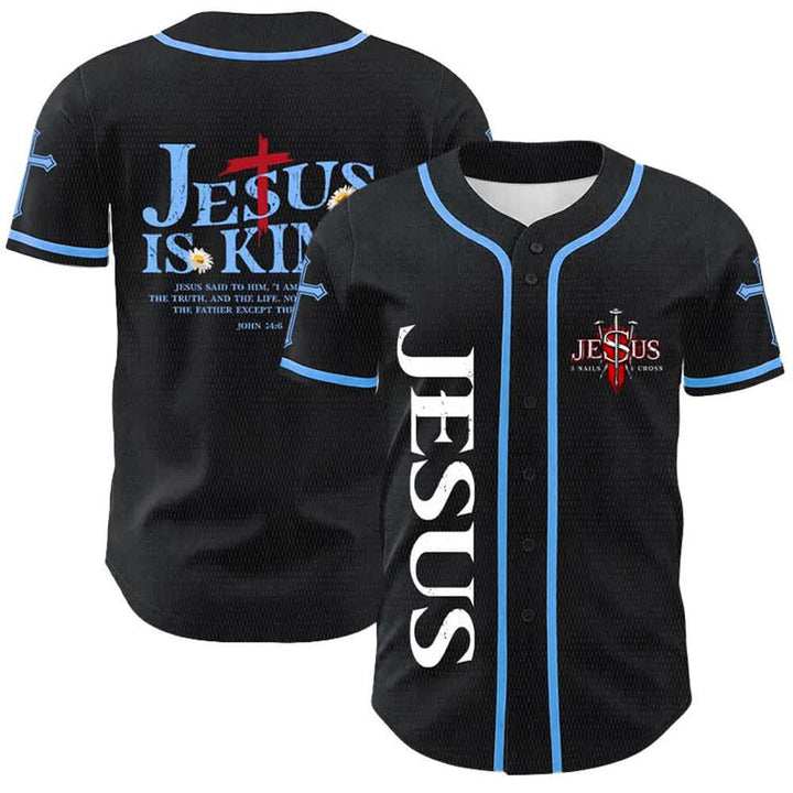Christianartworkshop Jesus Is King John 14:6 3 Nails 1 Cross Unisex Baseball Jersey - Blue - 5XL - image 12