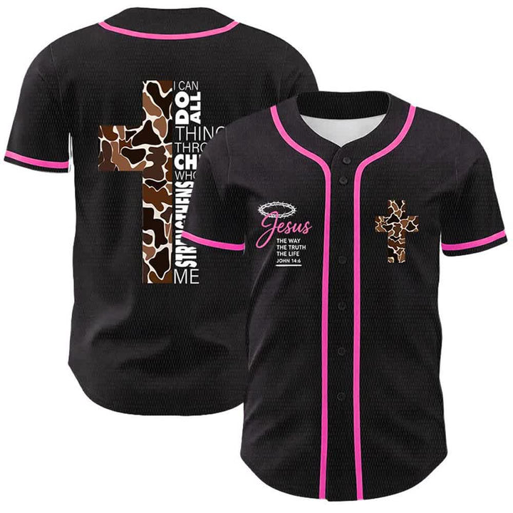 Christianartworkshop Leopard Print Cross I Can Do All Things Through Christ Unisex Baseball Jersey - Pink - 5XL - image 21