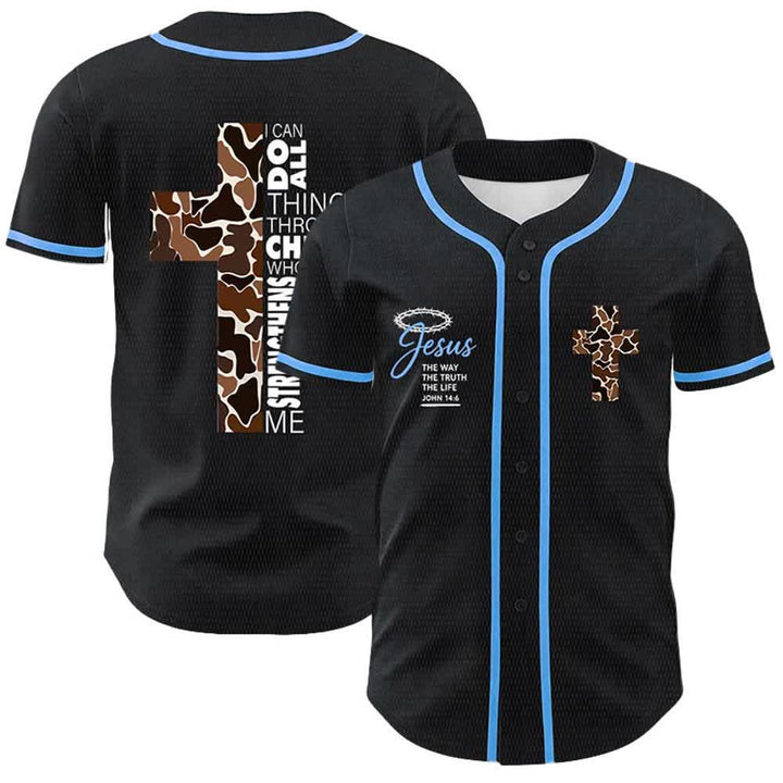 Christianartworkshop Leopard Print Cross I Can Do All Things Through Christ Unisex Baseball Jersey - Blue - 5XL - image 12