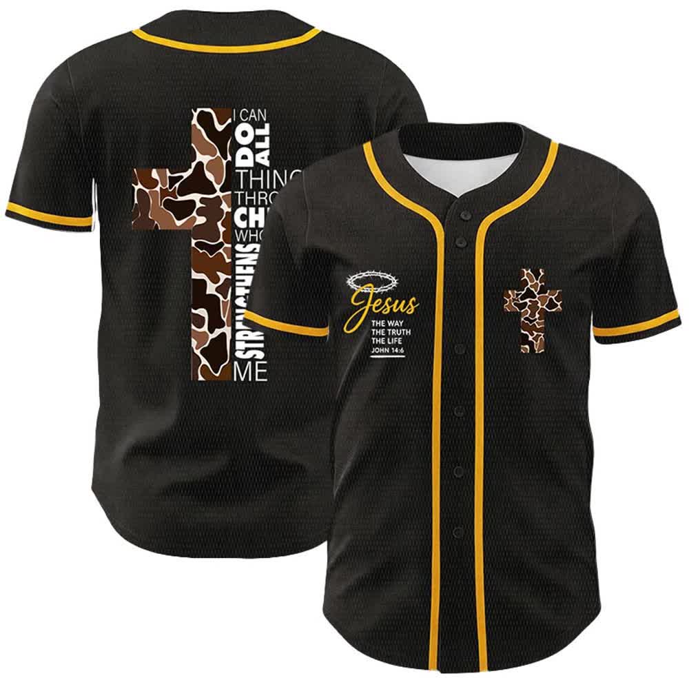Christianartworkshop Leopard Print Cross I Can Do All Things Through Christ Unisex Baseball Jersey - Yellow - 5XL - image 0