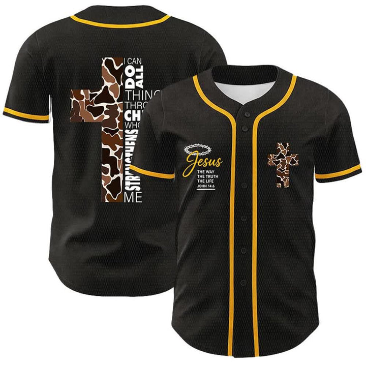 Christianartworkshop Leopard Print Cross I Can Do All Things Through Christ Unisex Baseball Jersey - Yellow - 5XL - image 0