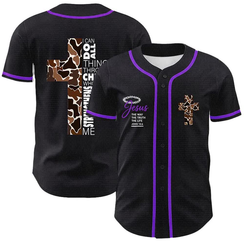 Christianartworkshop Leopard Print Cross I Can Do All Things Through Christ Unisex Baseball Jersey - Purple - 5XL - image 18
