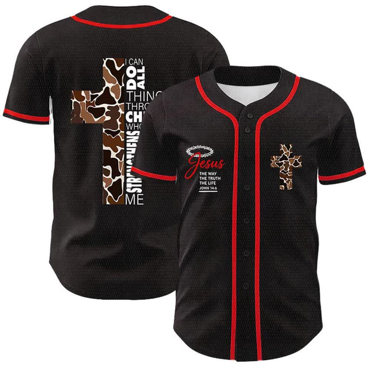 Christianartworkshop Leopard Print Cross I Can Do All Things Through Christ Unisex Baseball Jersey - Red - 5XL - image 6