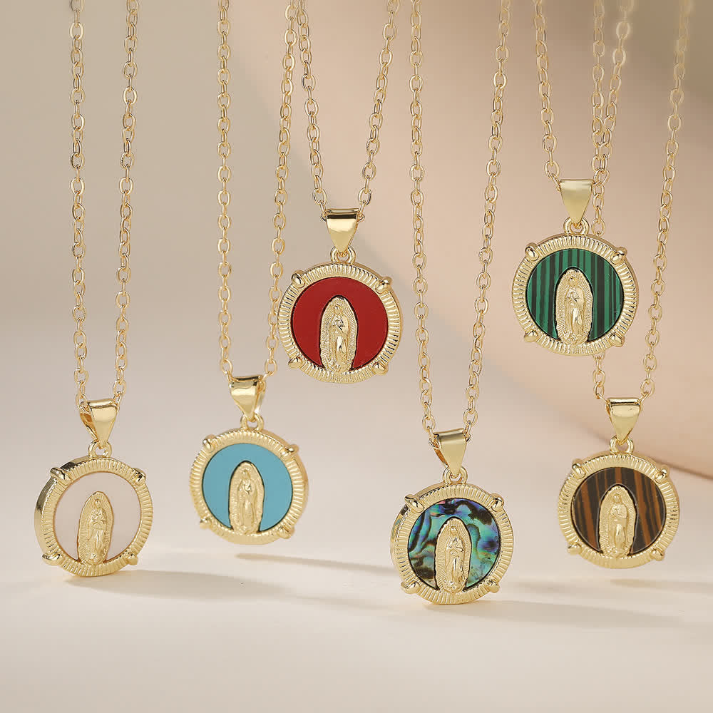 Christianartworkshop Vintage Embossed Round Our Lady Coin Necklace With Multi-Style Inlaid Base: Emblem of Tender Heavenly Shelter - image 1