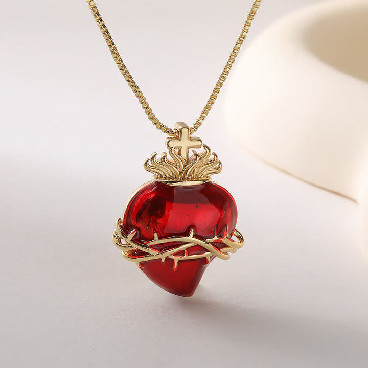 Christianartworkshop Glossy Red Enamel Sacred Heart Box Chain Necklace With Multi-Style Ornaments: Emblem of Boundless Heavenly Love - Thorn - image 1