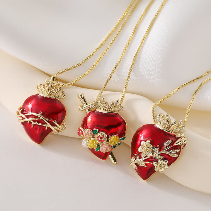 Christianartworkshop Glossy Red Enamel Sacred Heart Box Chain Necklace With Multi-Style Ornaments: Emblem of Boundless Heavenly Love - image 0