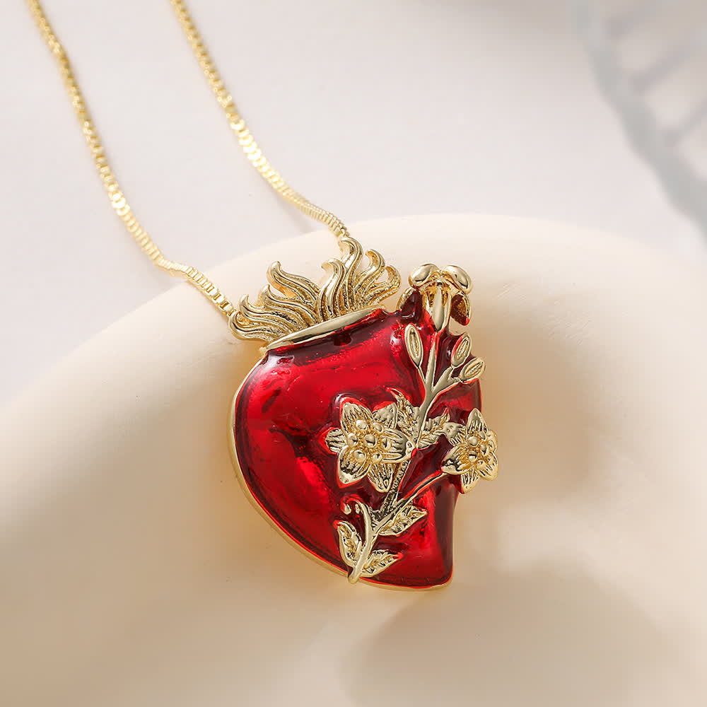 Christianartworkshop Glossy Red Enamel Sacred Heart Box Chain Necklace With Multi-Style Ornaments: Emblem of Boundless Heavenly Love - Golden Flowers - image 2