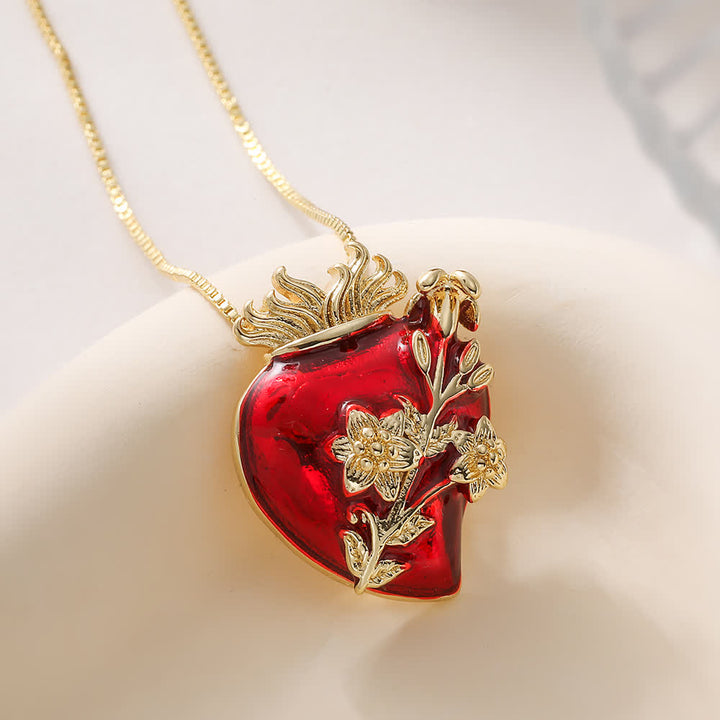 Christianartworkshop Glossy Red Enamel Sacred Heart Box Chain Necklace With Multi-Style Ornaments: Emblem of Boundless Heavenly Love - Golden Flowers - image 2