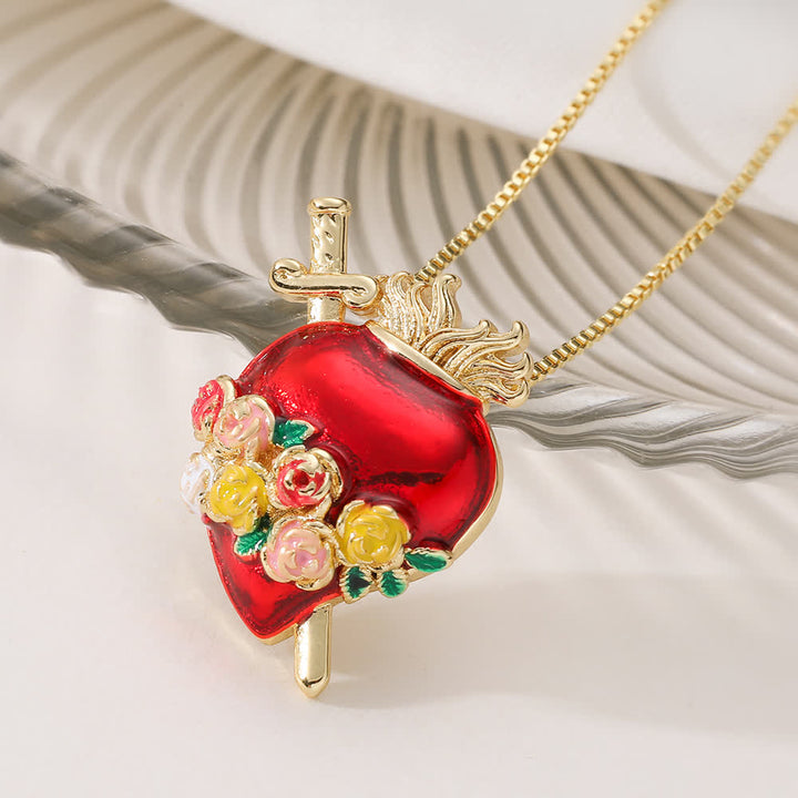 Christianartworkshop Glossy Red Enamel Sacred Heart Box Chain Necklace With Multi-Style Ornaments: Emblem of Boundless Heavenly Love - Colorful Flowers - image 3