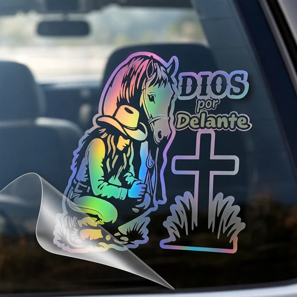 Christianartworkshop Spanish Religious Dios Por Delante Cowgirl & Cross Car Sticker - image 4