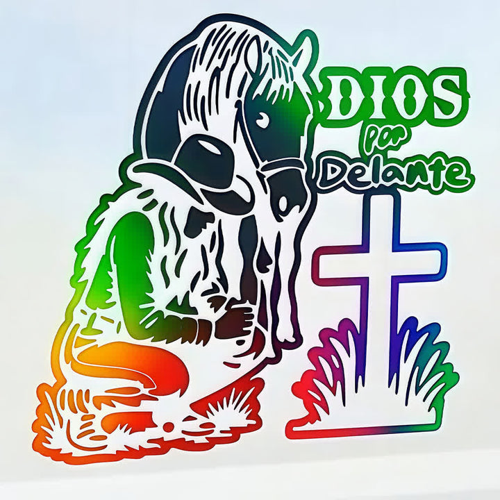 Christianartworkshop Spanish Religious Dios Por Delante Cowgirl & Cross Car Sticker - image 2