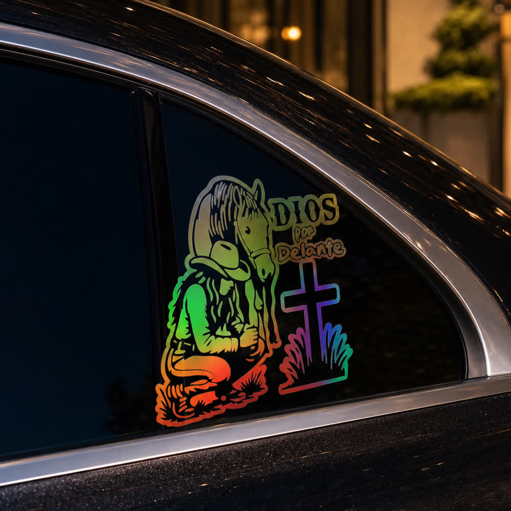 Christianartworkshop Spanish Religious Dios Por Delante Cowgirl & Cross Car Sticker - image 1