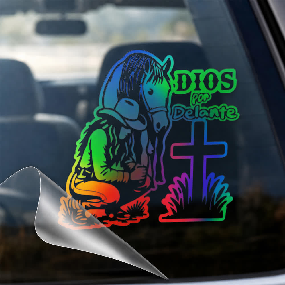 Christianartworkshop Spanish Religious Dios Por Delante Cowgirl & Cross Car Sticker - Multicolor - Set of 10 - image 0