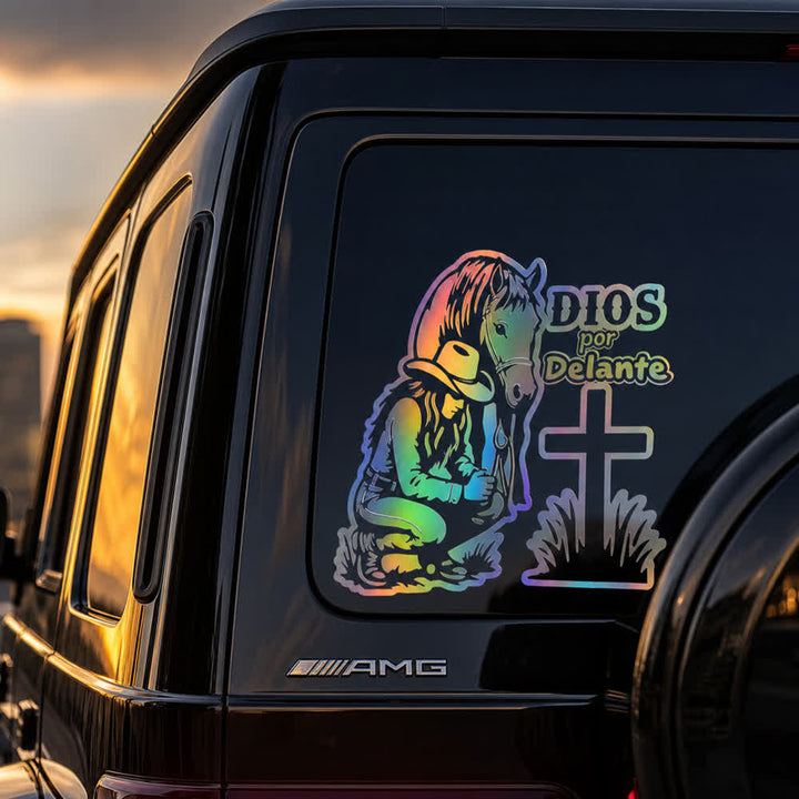 Christianartworkshop Spanish Religious Dios Por Delante Cowgirl & Cross Car Sticker - Metallic - Set of 10 - image 3