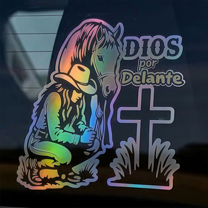 Christianartworkshop Spanish Religious Dios Por Delante Cowgirl & Cross Car Sticker - image 5