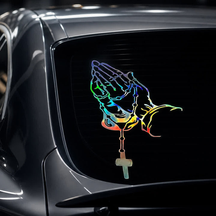Christianartworkshop Rainbow Gradient Praying Hands Rosary Cross Faith Car Sticker - Multicolor - 26*16cm - Set of 10 - image 0