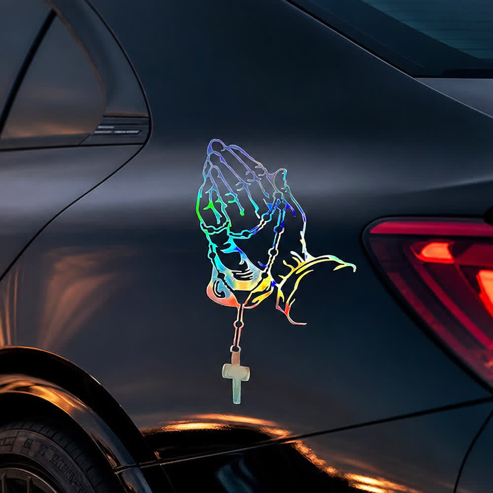 Christianartworkshop Rainbow Gradient Praying Hands Rosary Cross Faith Car Sticker - image 2