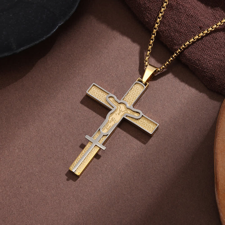 Christianartworkshop Layered Hollow Cutout Crucifix Box Chain Necklace With Textured Inlay Panel: Emblem of Boundless Heavenly Mercy - Golden - image 2