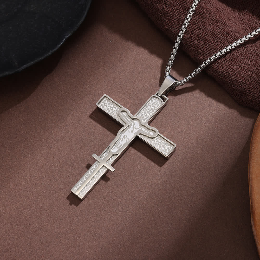 Christianartworkshop Layered Hollow Cutout Crucifix Box Chain Necklace With Textured Inlay Panel: Emblem of Boundless Heavenly Mercy - Silver - image 1