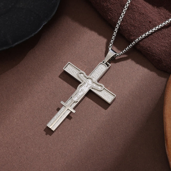 Christianartworkshop Layered Hollow Cutout Crucifix Box Chain Necklace With Textured Inlay Panel: Emblem of Boundless Heavenly Mercy - Silver - image 1