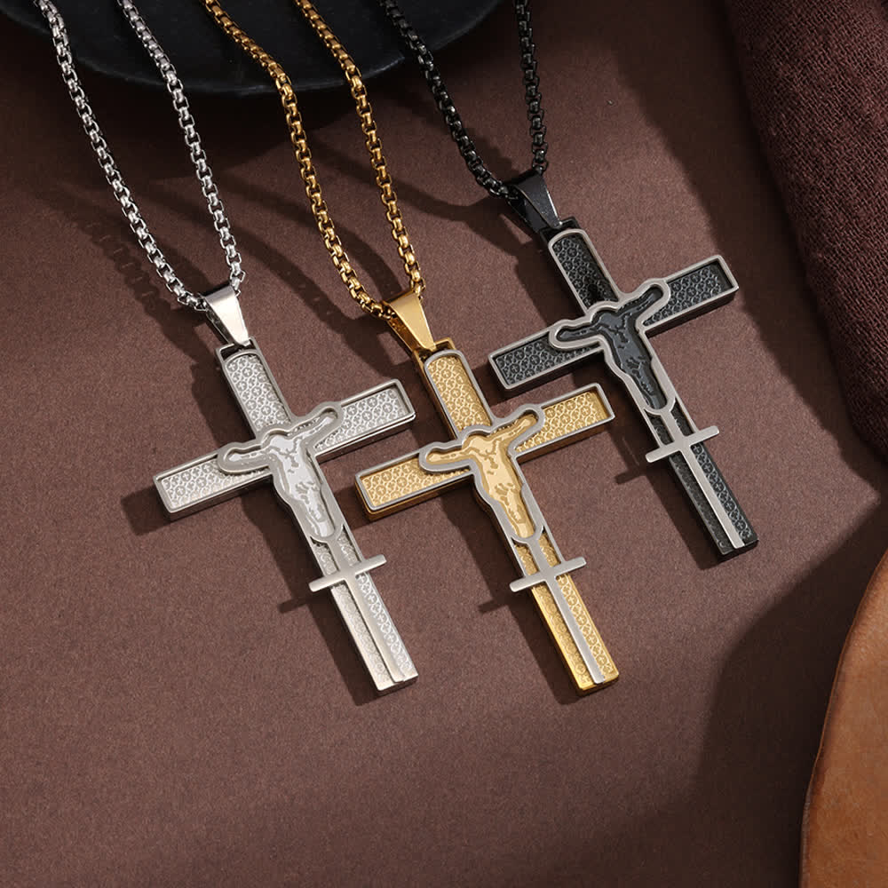 Christianartworkshop Layered Hollow Cutout Crucifix Box Chain Necklace With Textured Inlay Panel: Emblem of Boundless Heavenly Mercy - image 0