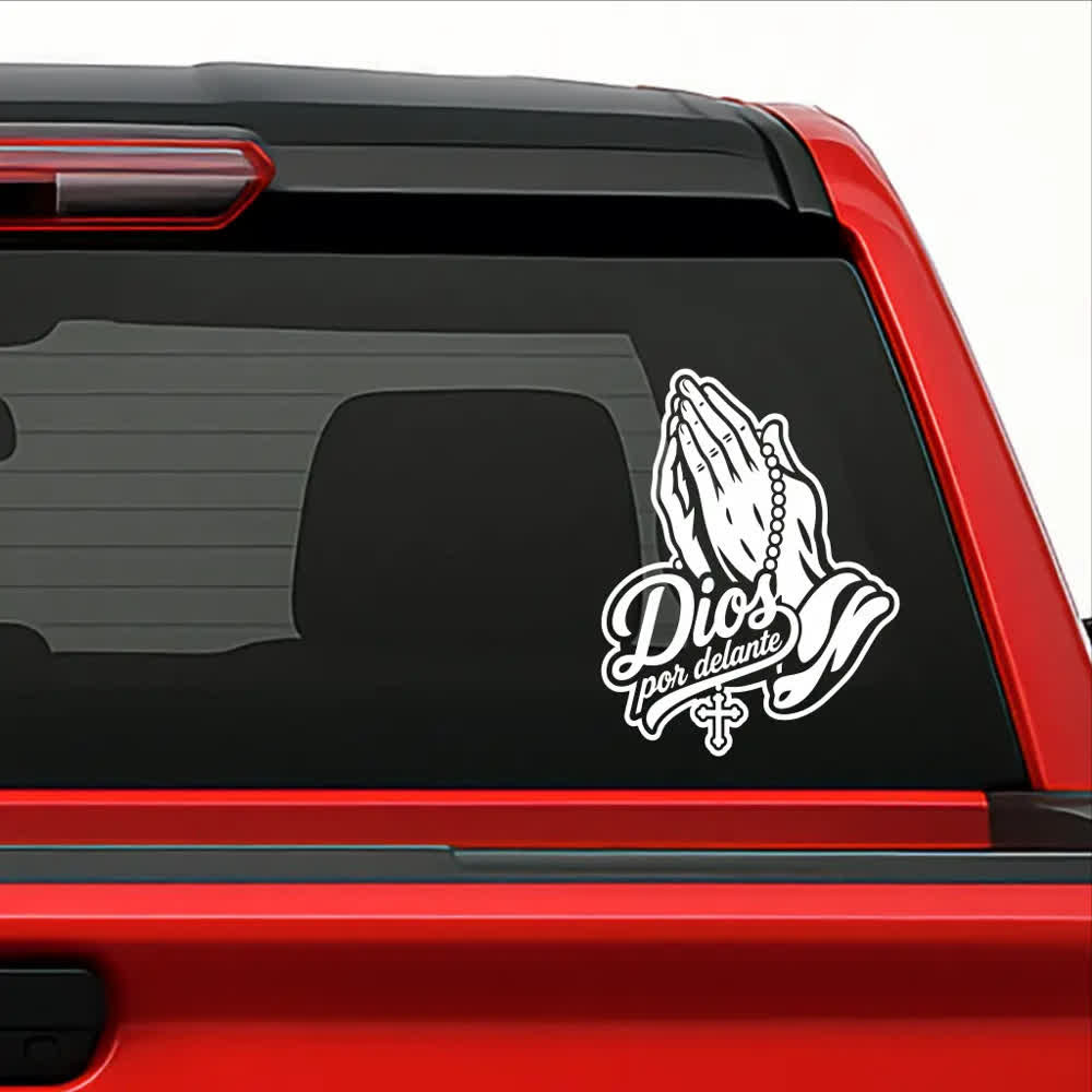 Christianartworkshop Praying Hands with Rosary Dios Por Delante Car Sticker - image 2