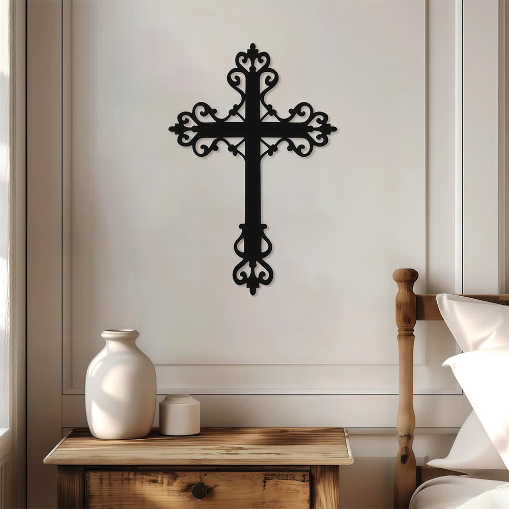 Christianartworkshop Vintage Scroll Ornament Sacred Cross Metal Wall Decor: Symbol of Timeless Divine Grace - image 0