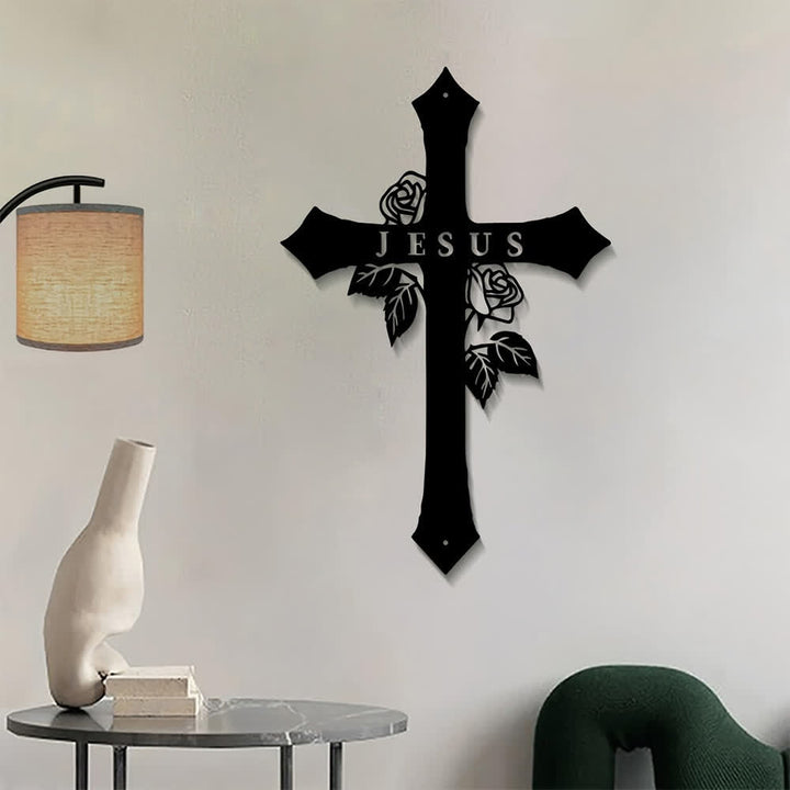 Christianartworkshop Rose Vine Sacred Cross With JESUS Lettering Metal Wall Decor: Symbol of Everlasting Divine Love - image 2
