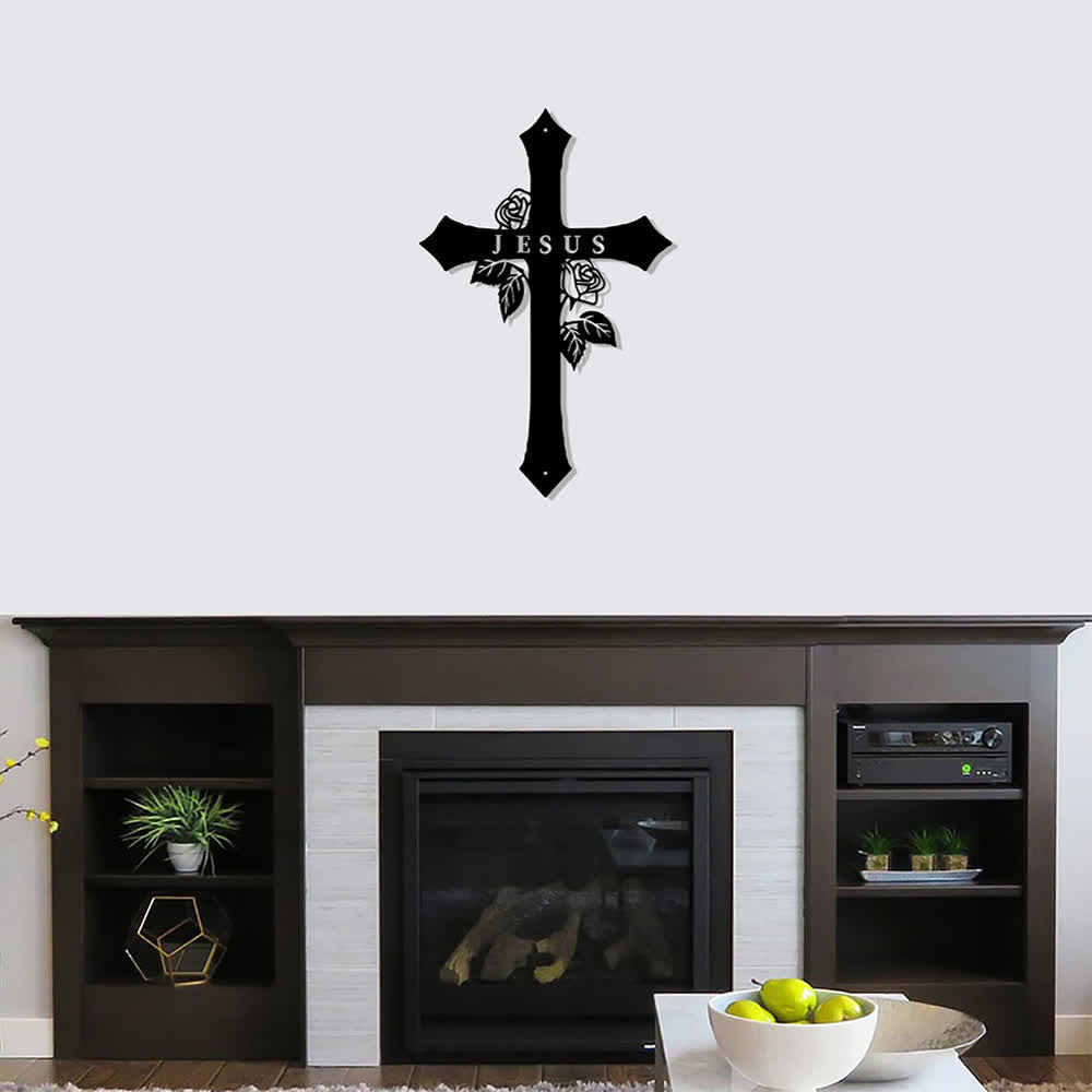 Christianartworkshop Rose Vine Sacred Cross With JESUS Lettering Metal Wall Decor: Symbol of Everlasting Divine Love - image 1